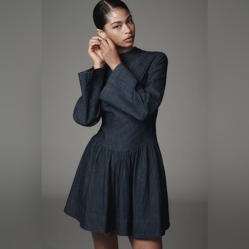 NWT Anthropologie Porridge Long-Sleeve Dark Wash Denim Drop-Waist Mini Dress